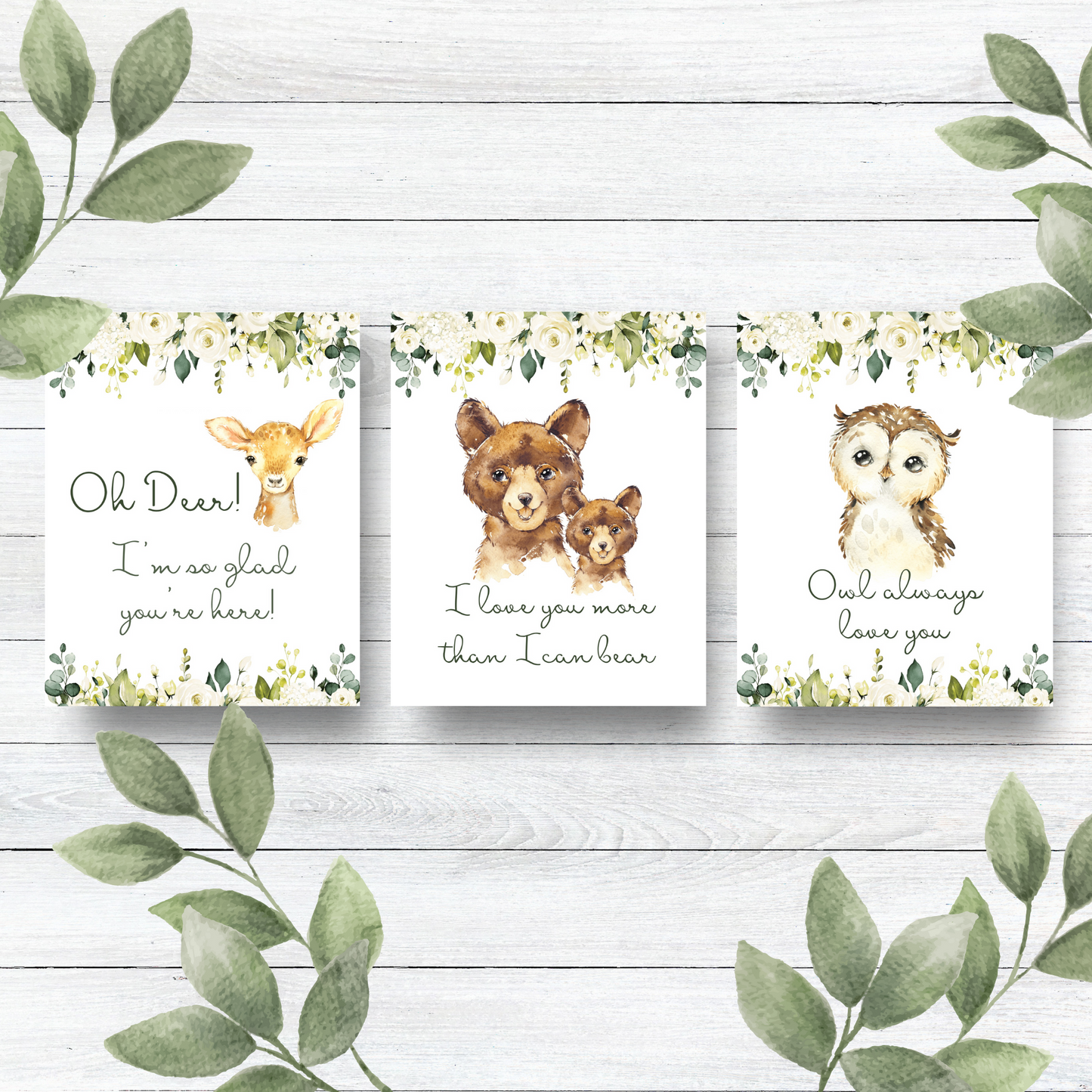 Flowers cursive - Owl, Bear, Deer - Wall Art